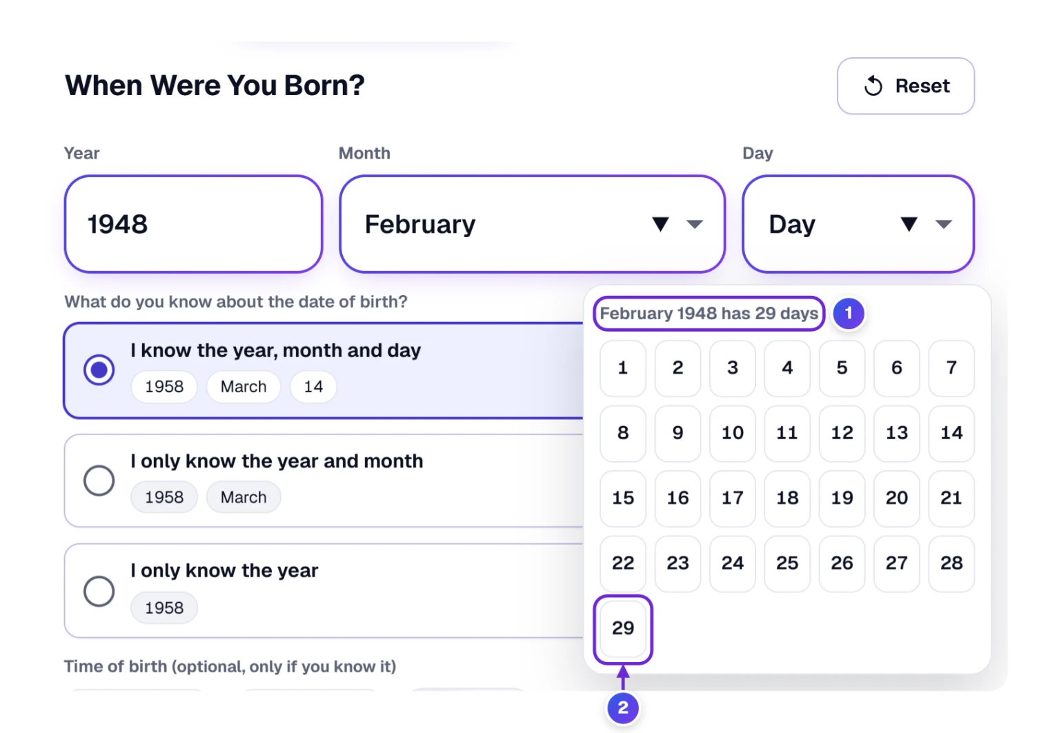 Choosing the day of birth: a grid of days opens under the Day box and shows February 1948 has 29 days