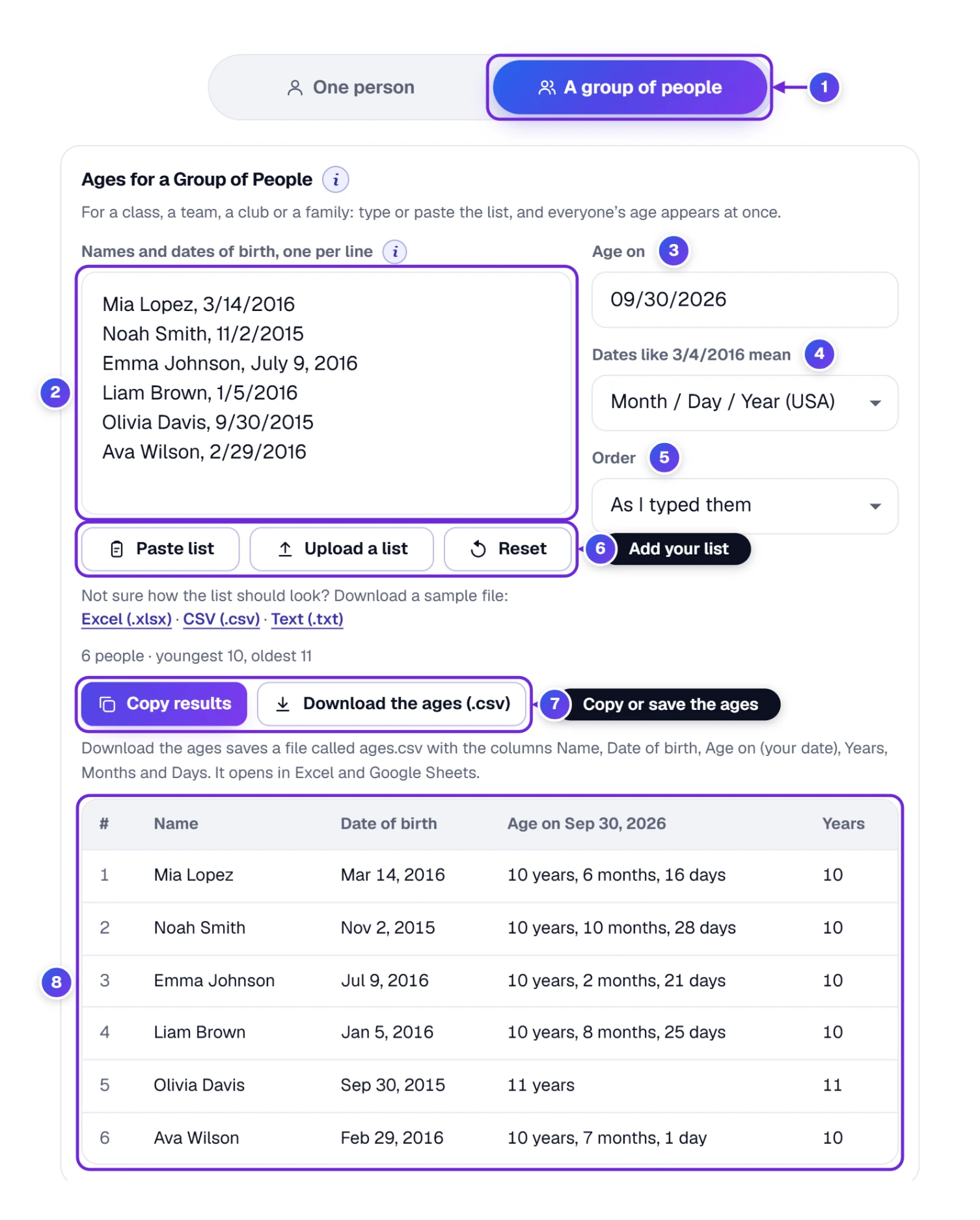 Age Calculator for a group: six children’s dates of birth and a table with each exact age