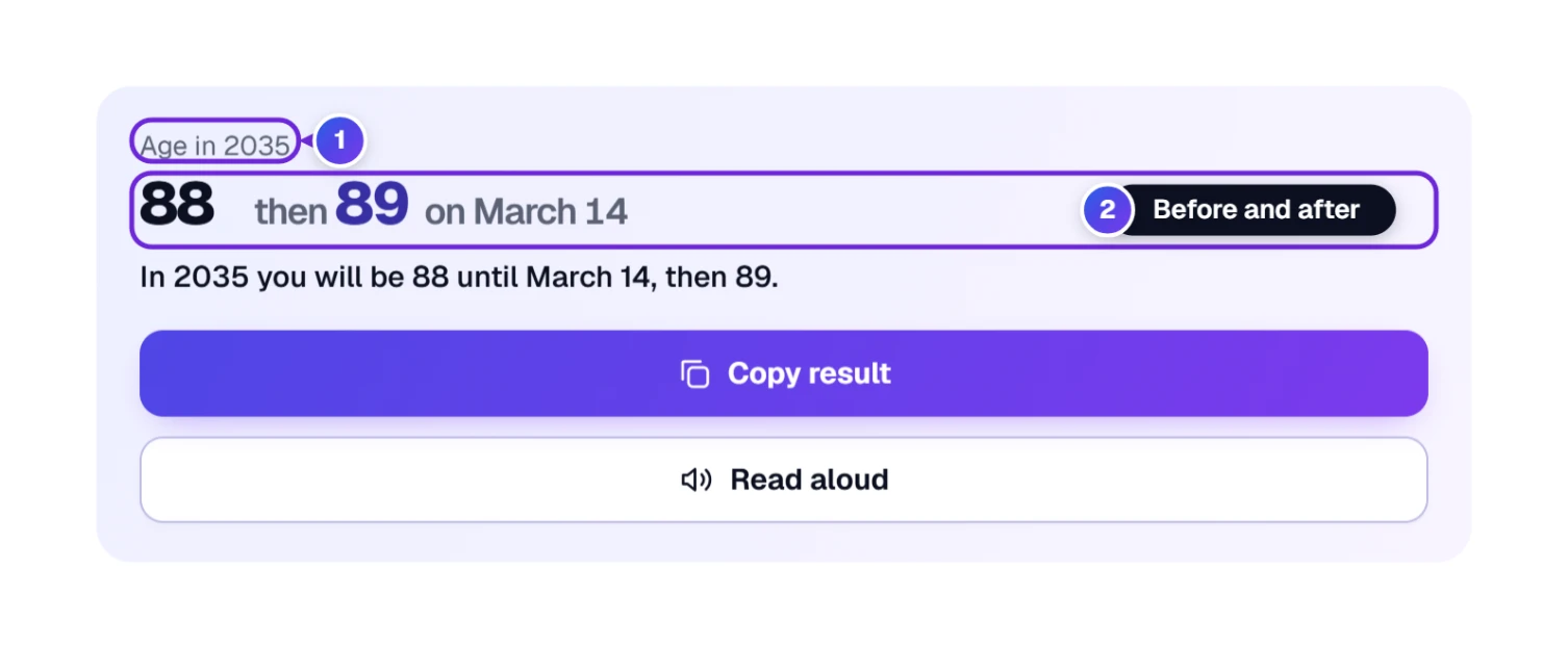 The answer with In a year chosen and 2035 typed in: Age in 2035, 88 years before the birthday and 89 years after March 14
