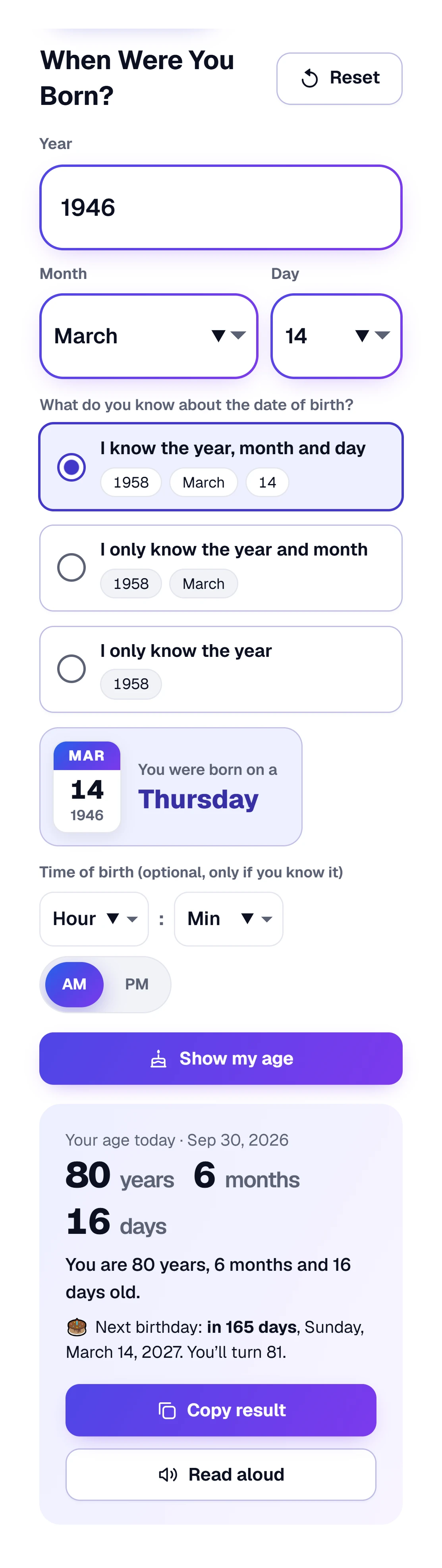 The Age Calculator on a phone: the Year box on its own row, Month and Day side by side, the weekday card and the answer below