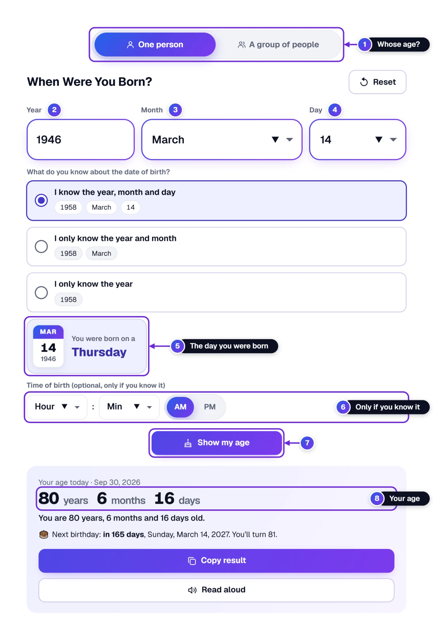 Age Calculator with its parts numbered: tabs, Year, Month and Day boxes, time of birth, Show my age and answer