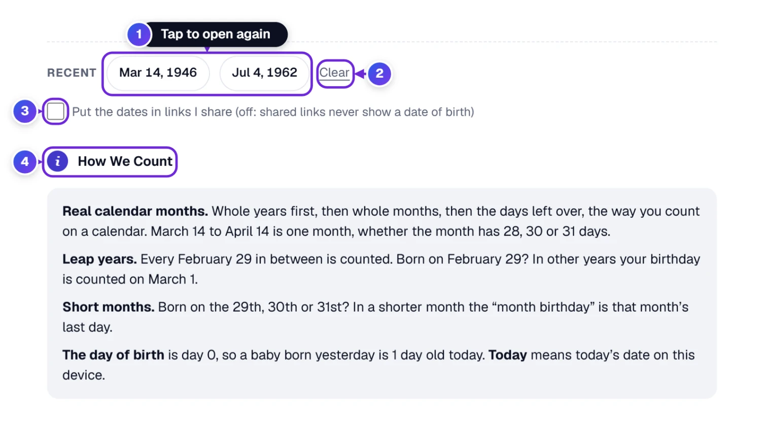 Under the tool: the recent dates with a Clear link, the tick box Put the dates in links I share, and How we count opened