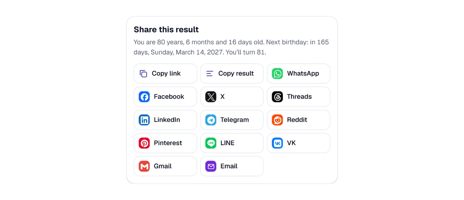 Share window for an age result: Copy link, Copy result and apps such as WhatsApp, Facebook, X and Email