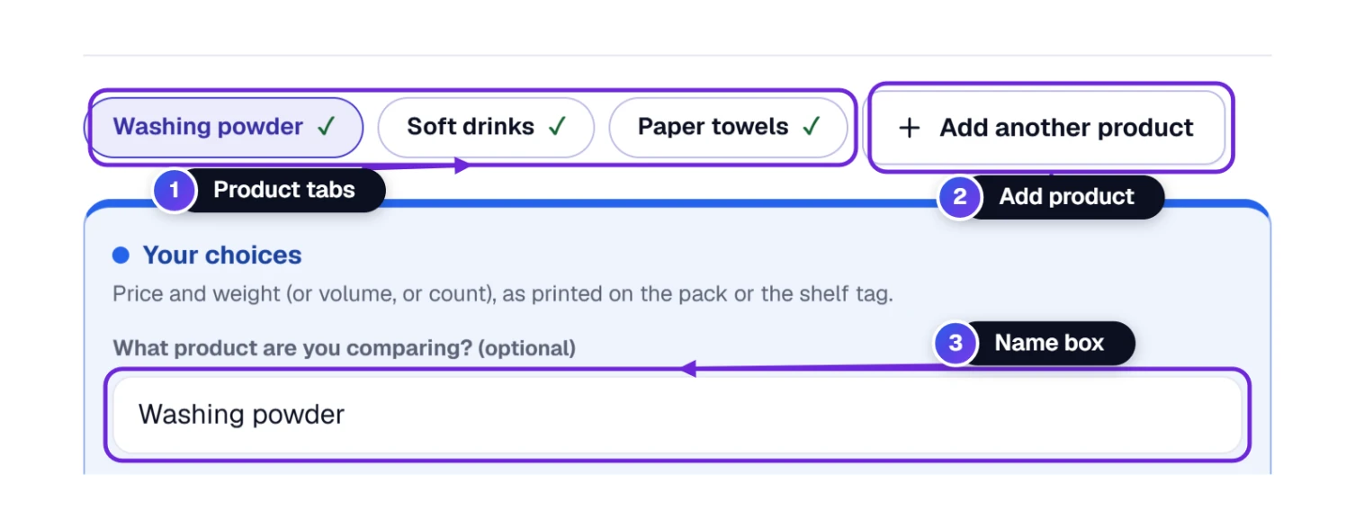 The tabs after the example list loads: Washing powder, Soft drinks and Paper towels with check marks, and Add another product
