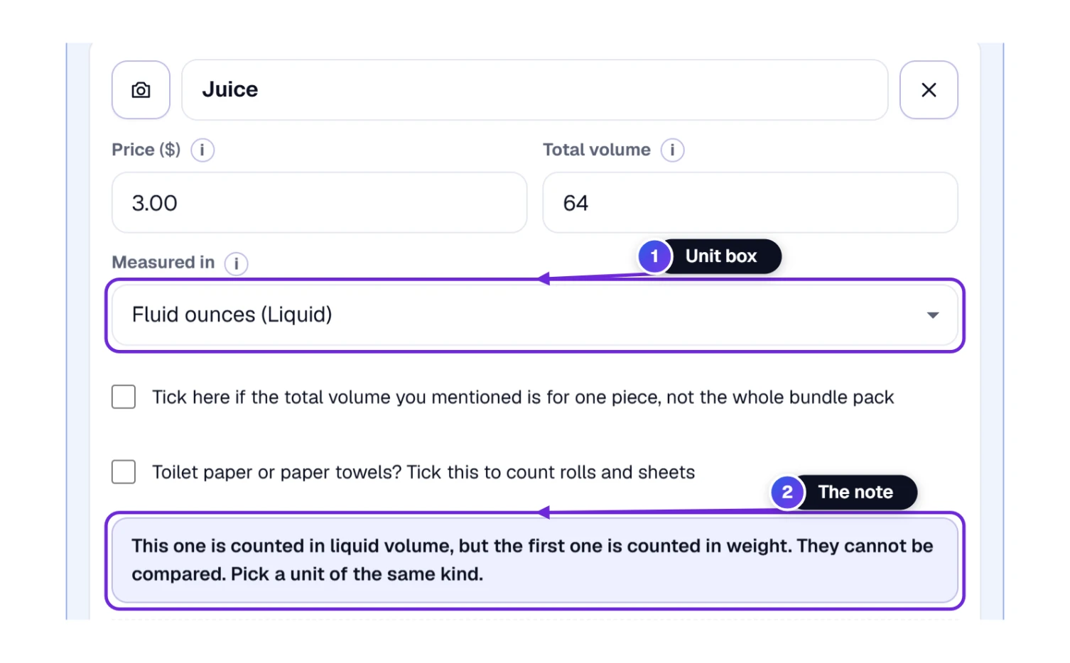 The juice card’s unit box set to Fluid ounces, with a note that it cannot be compared with the rice