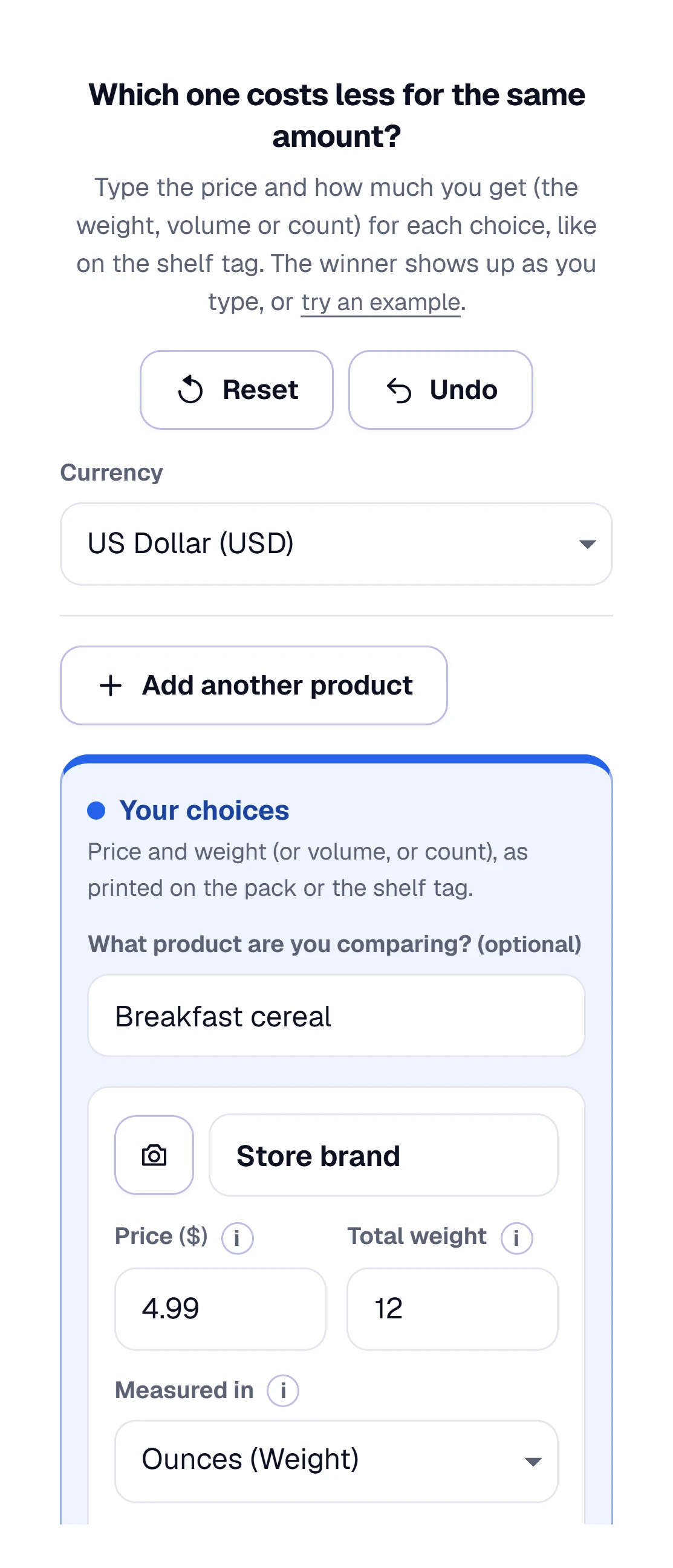 The tool on a phone: one column with Reset and Undo, the Currency box, a name box and the first choice