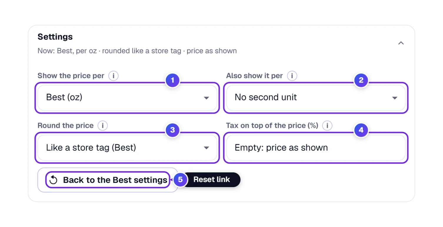 The Settings box open: price per unit, a second unit, rounding, tax on top and Back to the Best settings