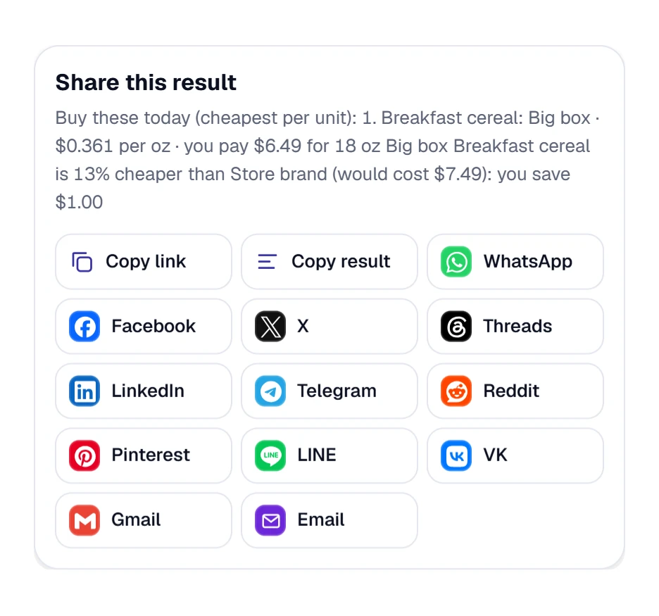 The Share window: copy buttons for the link and the result, then a list of apps to send it through
