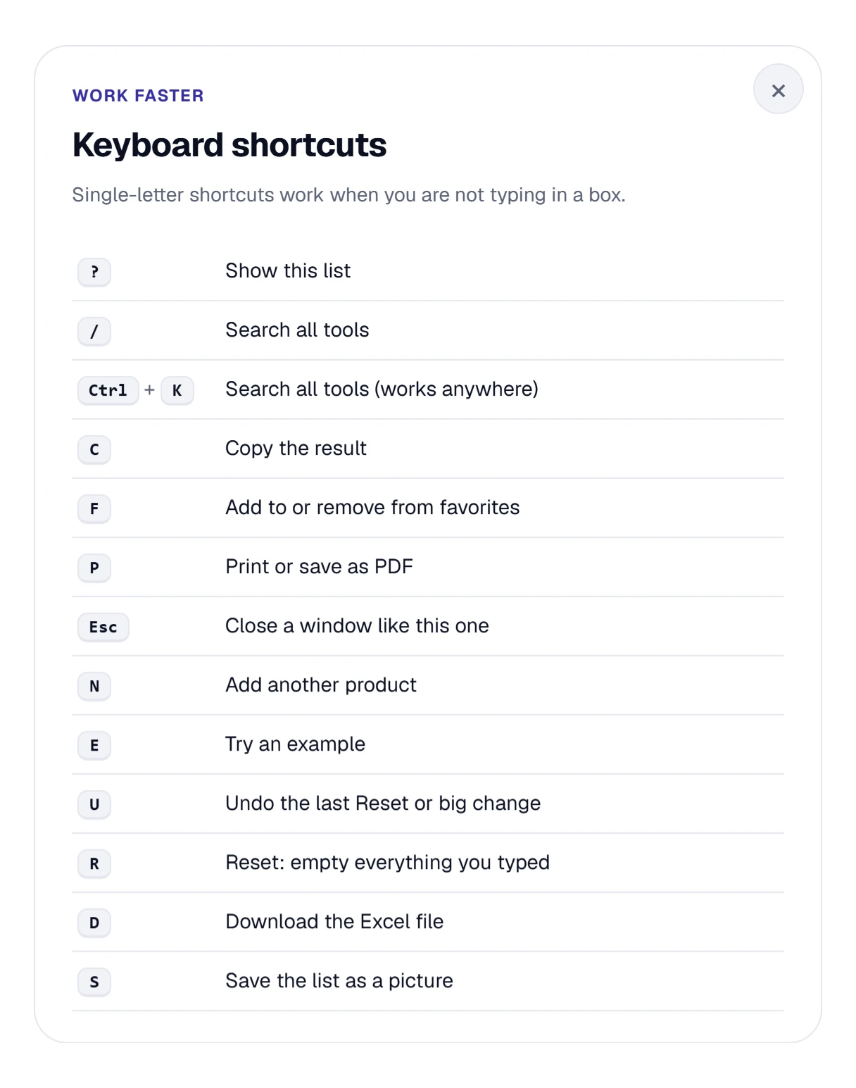 The keyboard shortcuts list: N for another product, E for an example, U to undo, R to reset, D to download, S to save