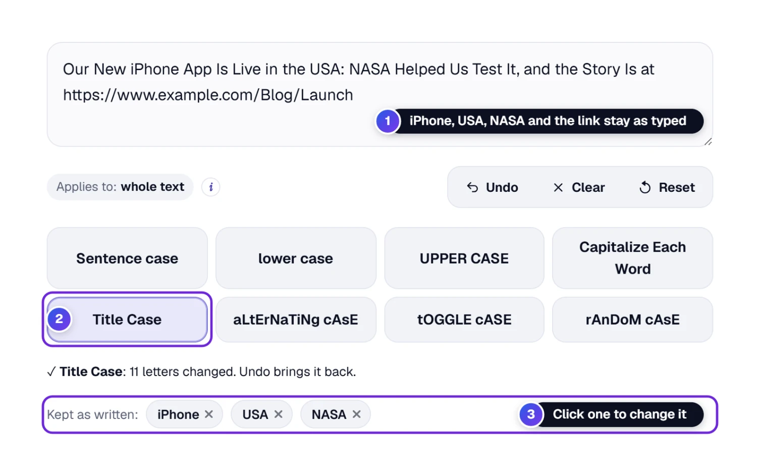 Title Case that keeps iPhone, USA, NASA and a web address as written, with a Kept as written line listing the words