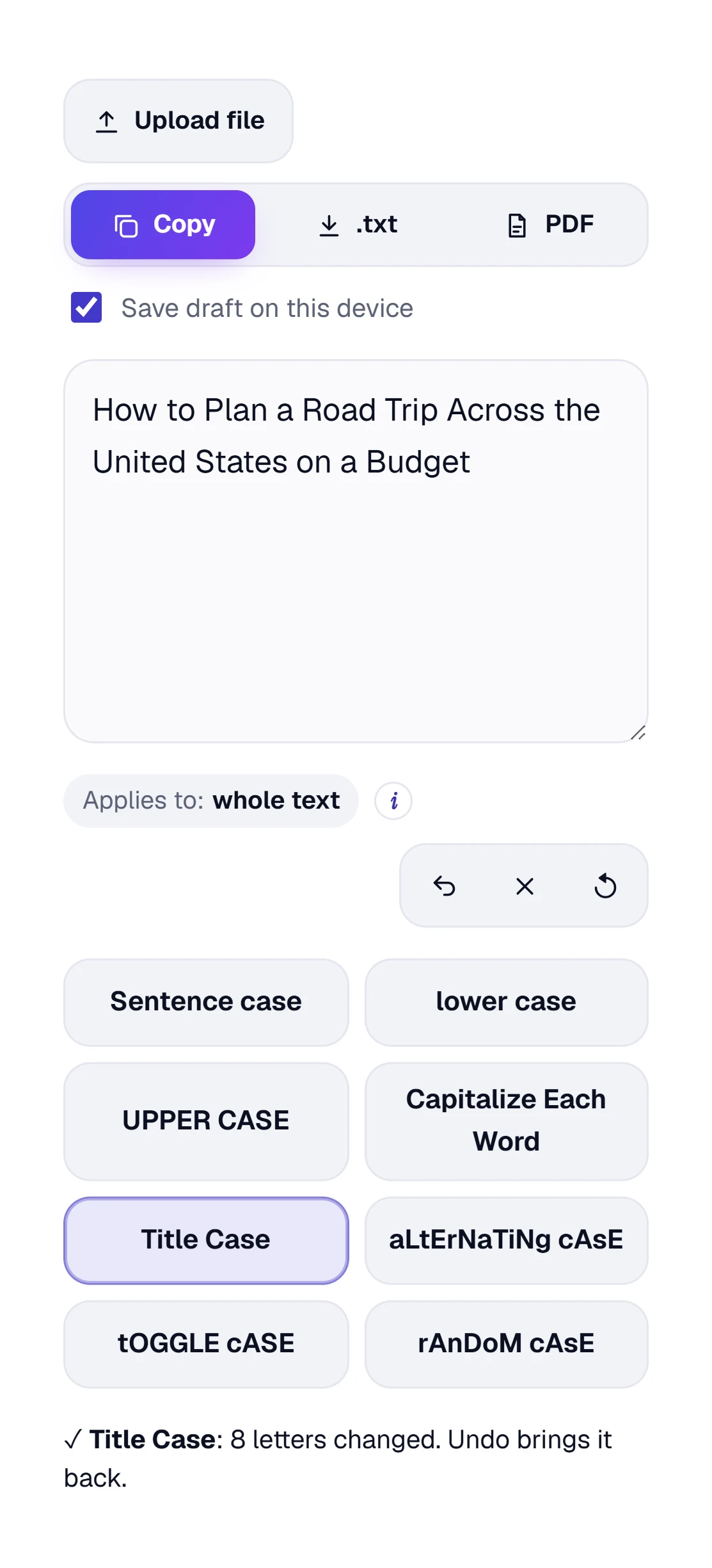 The Case Converter on a phone: the text box, Undo, Clear and Reset, and the case buttons two in a row