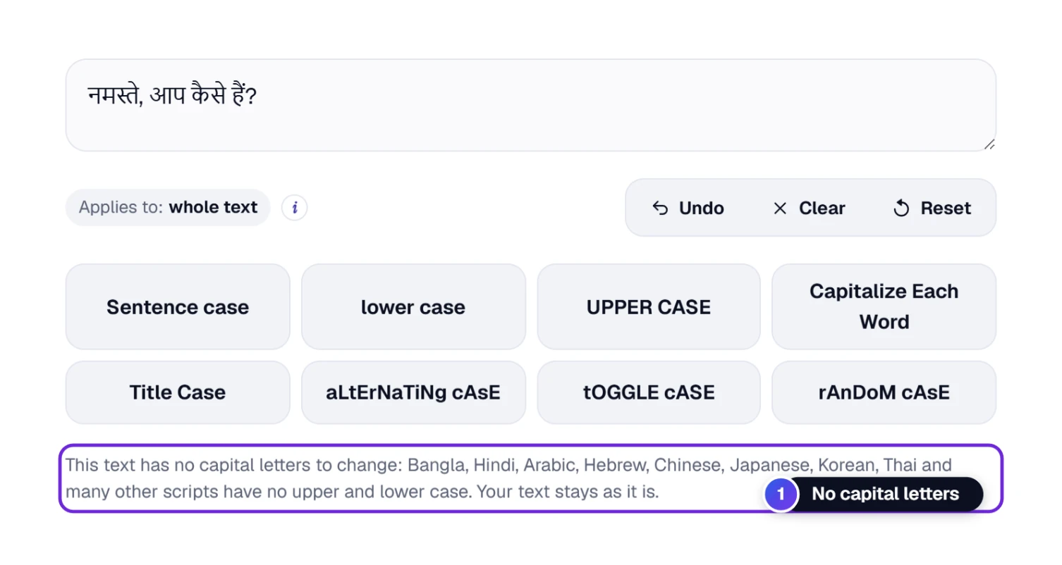 Hindi text in the box: the tool explains that this script has no upper and lower case, so the text stays as it is