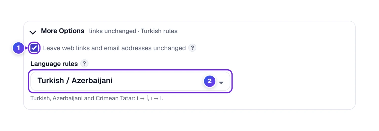 More options opened: leave links unchanged and the language rules list, set here to Turkish and Azerbaijani