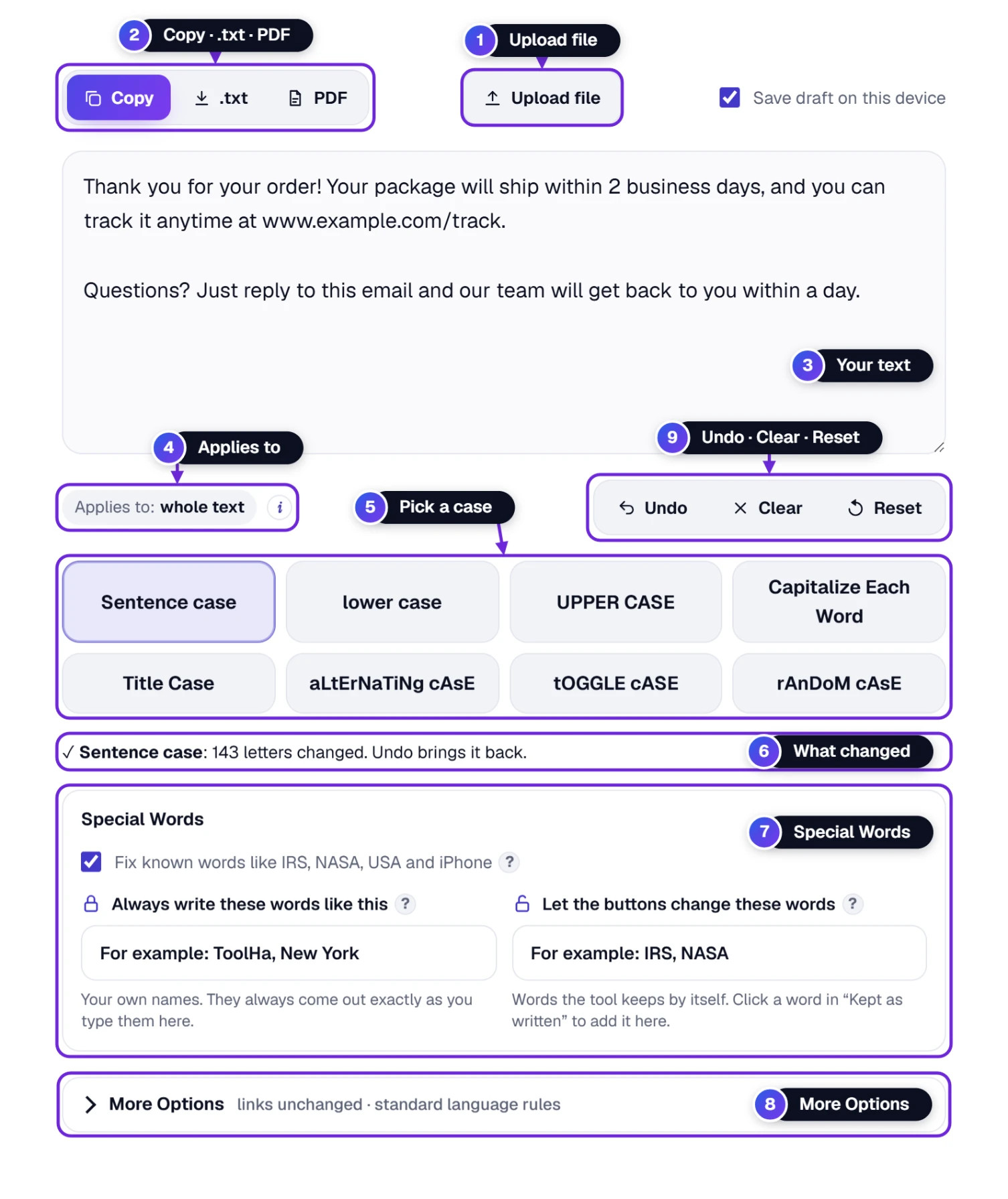 Case Converter with its main parts numbered: upload, text box, the eight case buttons, special words and more options