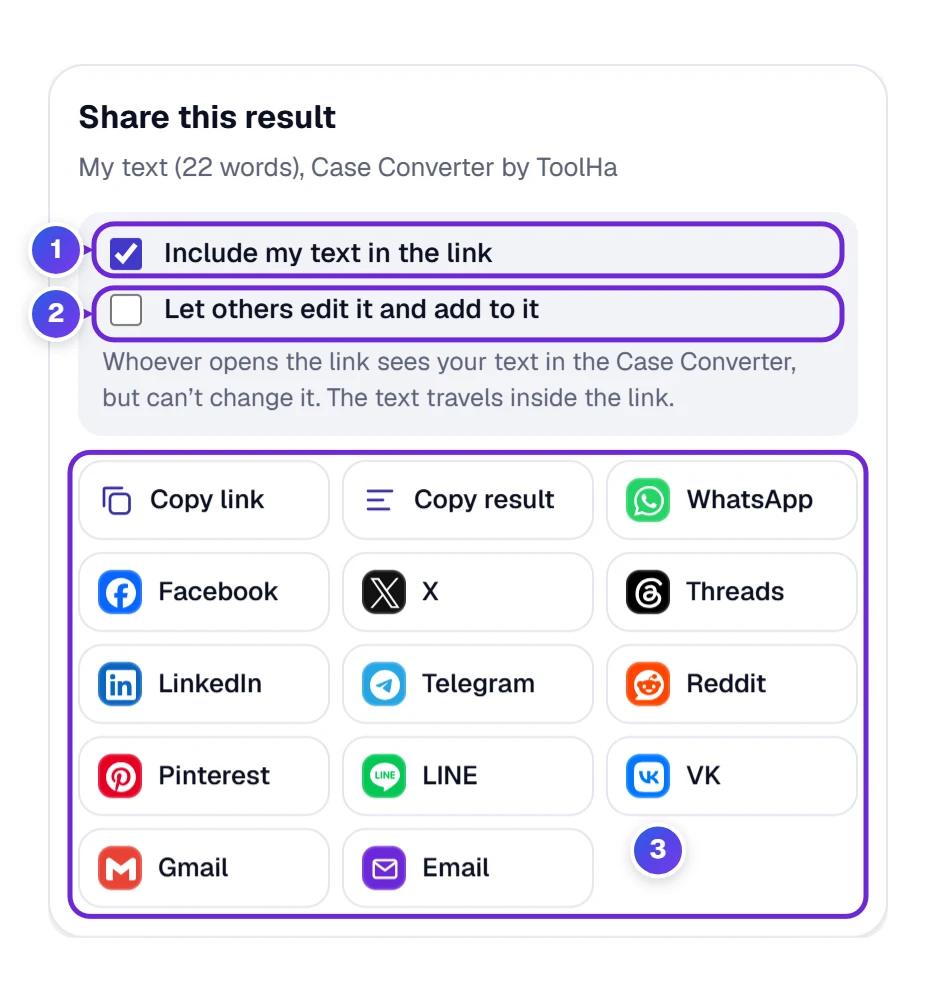 The Share window with Include my text in the link and Let others edit it, plus Copy link and the sharing apps