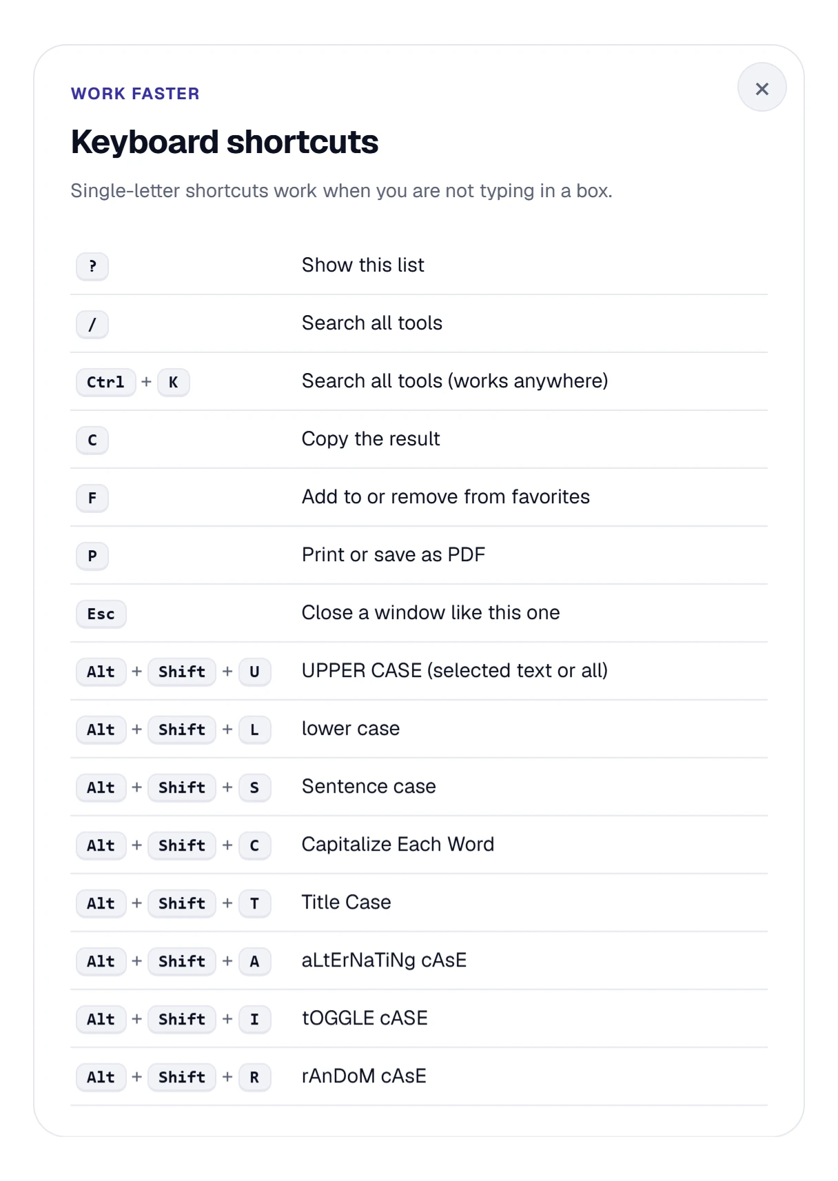 The keyboard shortcuts window with Alt + Shift and a letter for each of the eight cases, plus single-letter shortcuts