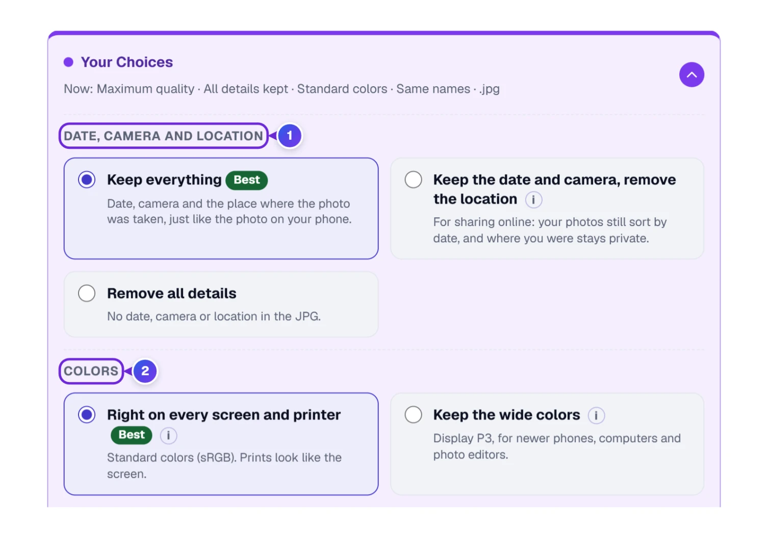 Choices for date, camera and location details and for colors, with the Best card marked in each group