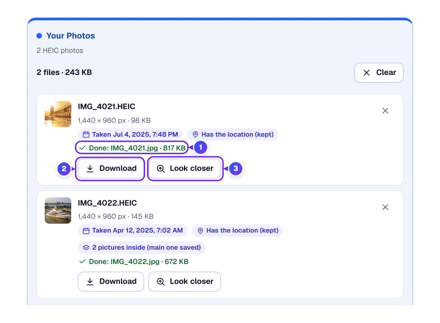 Converted photos with Done lines and each photo’s own Download and Look closer buttons