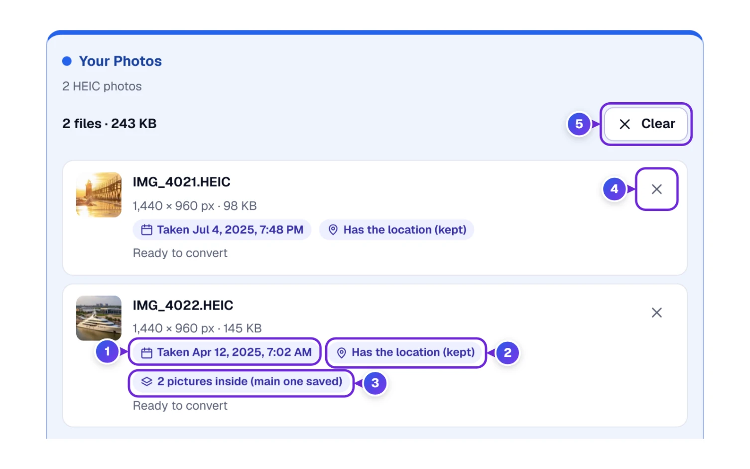 Your Photos list with two HEIC files showing size, date taken, location and a file with two pictures inside