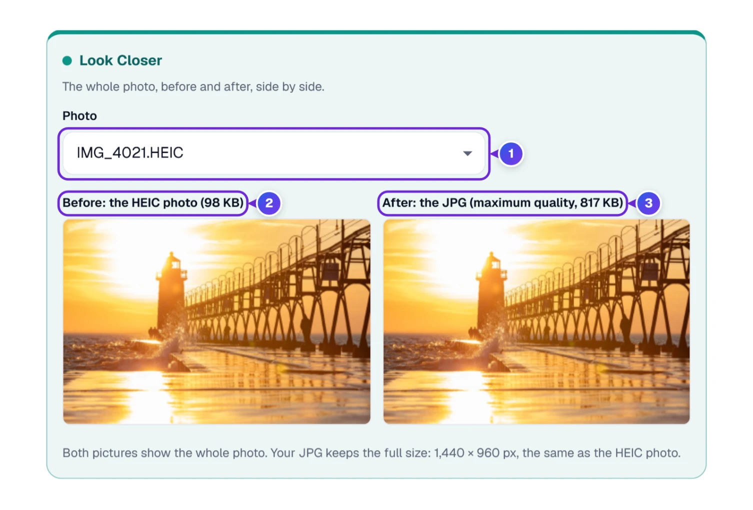 Look Closer shows the whole photo before and after converting, side by side, with the sizes in the captions