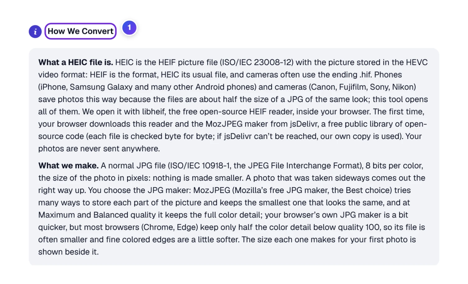 The How We Convert box opened under the tool, starting with what a HEIC file is and what the converter makes