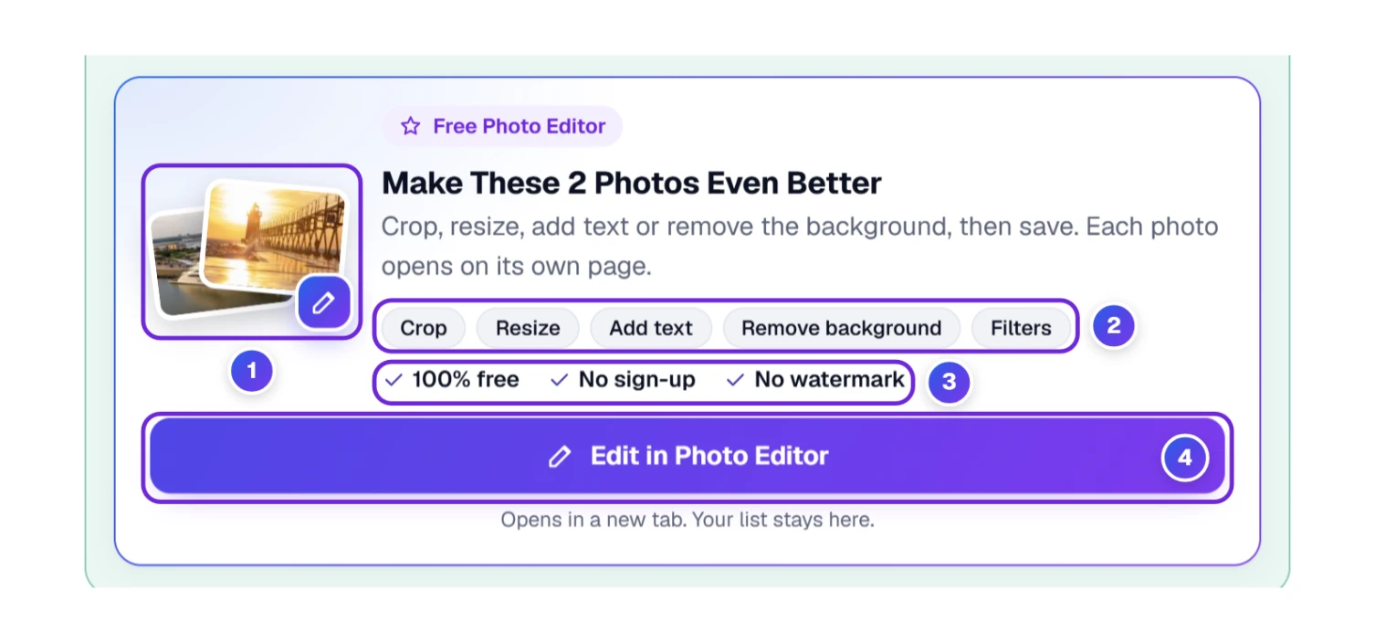 Card under the download button with the two converted photos, what the free Photo Editor does and an Edit in Photo Editor button