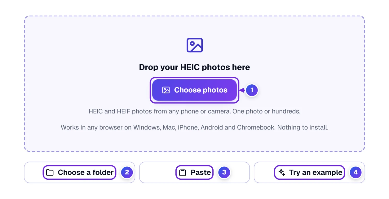 HEIC to JPG Converter ready for photos, with the drop box, Choose photos and the folder, paste and example buttons