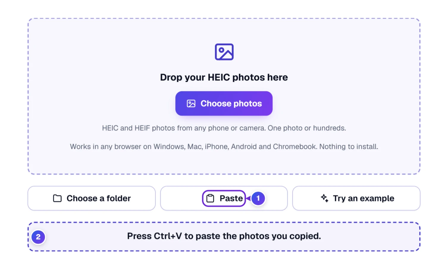 Paste opens a dashed paste spot under the buttons with the hint to press Ctrl+V for copied photos