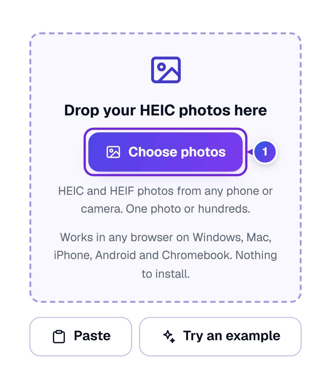 On a phone the converter shows Choose photos, Paste and Try an example, and there is no folder button