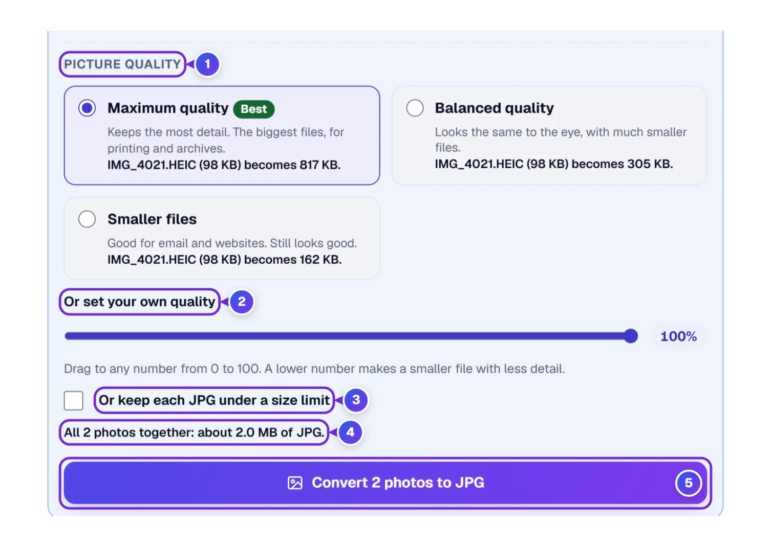 Picture Quality above the Convert button: three cards with exact sizes, a 0 to 100 slider and a size limit tick