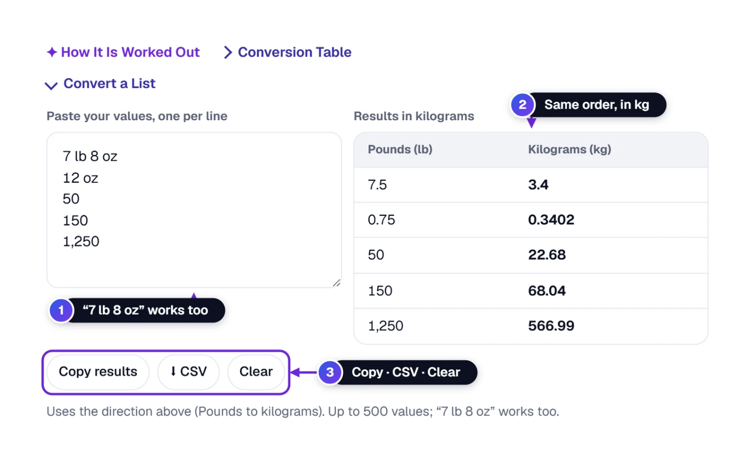 Convert a list from pounds to kilograms: several weights pasted on the left, kilograms on the right