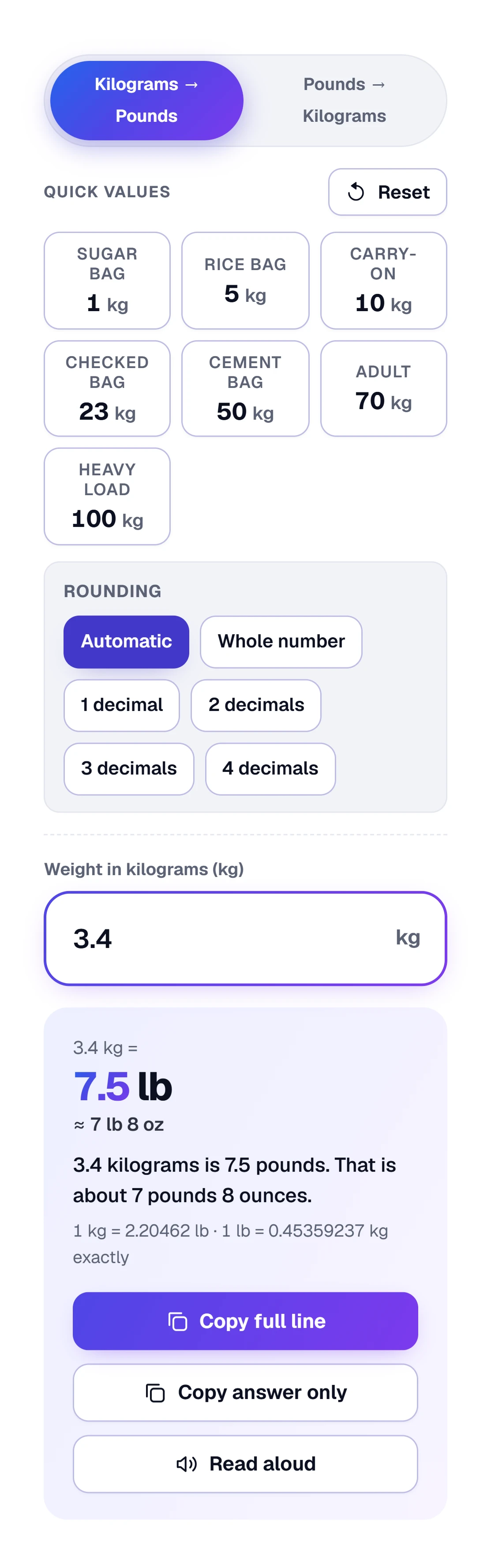 KG to Pounds Converter on a phone: named quick values, Rounding choices, your weight and the answer with copy buttons
