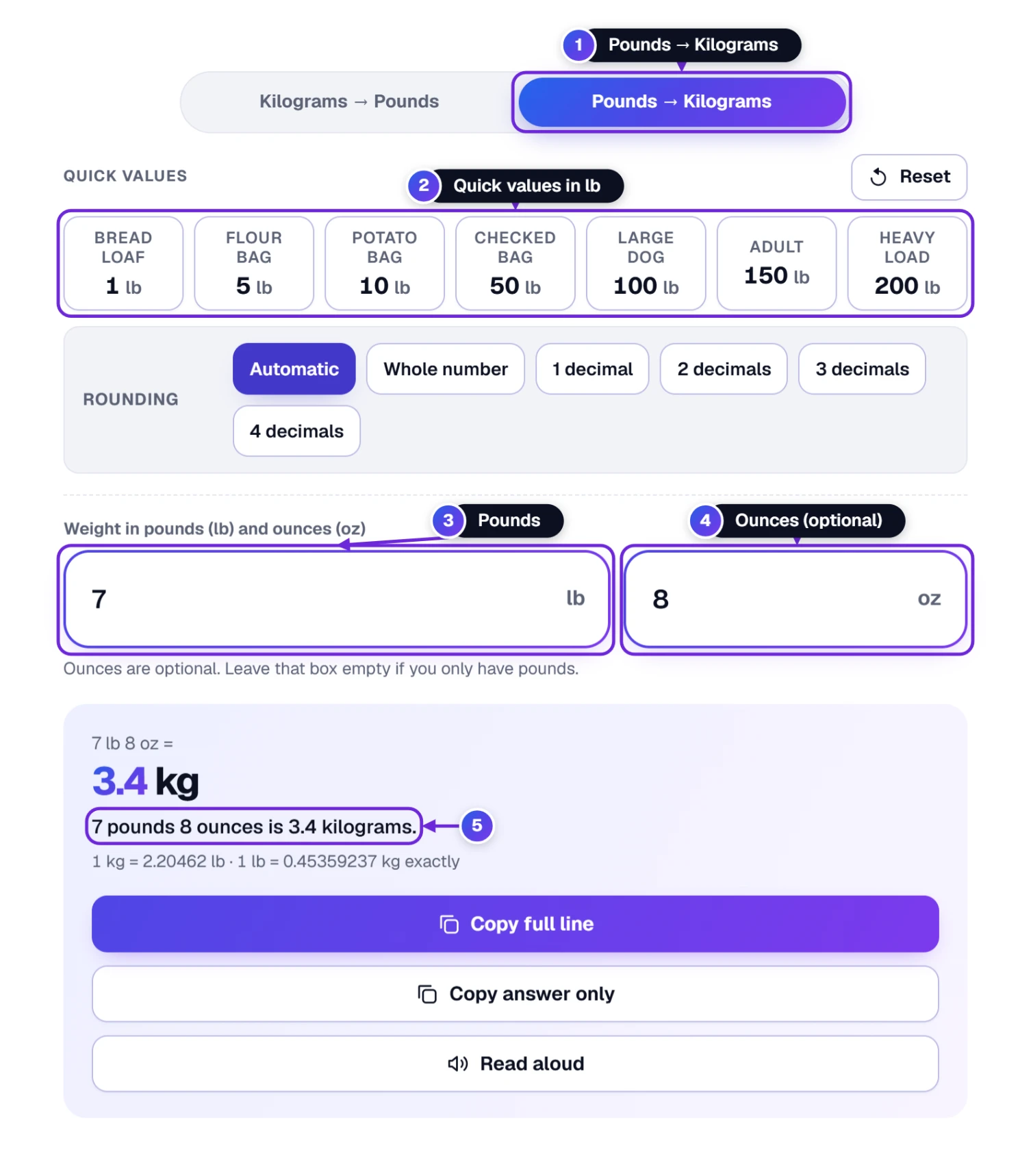 Pounds to Kilograms picked at the top, with a box for pounds and a box for ounces: 7 lb 8 oz is 3.4 kilograms