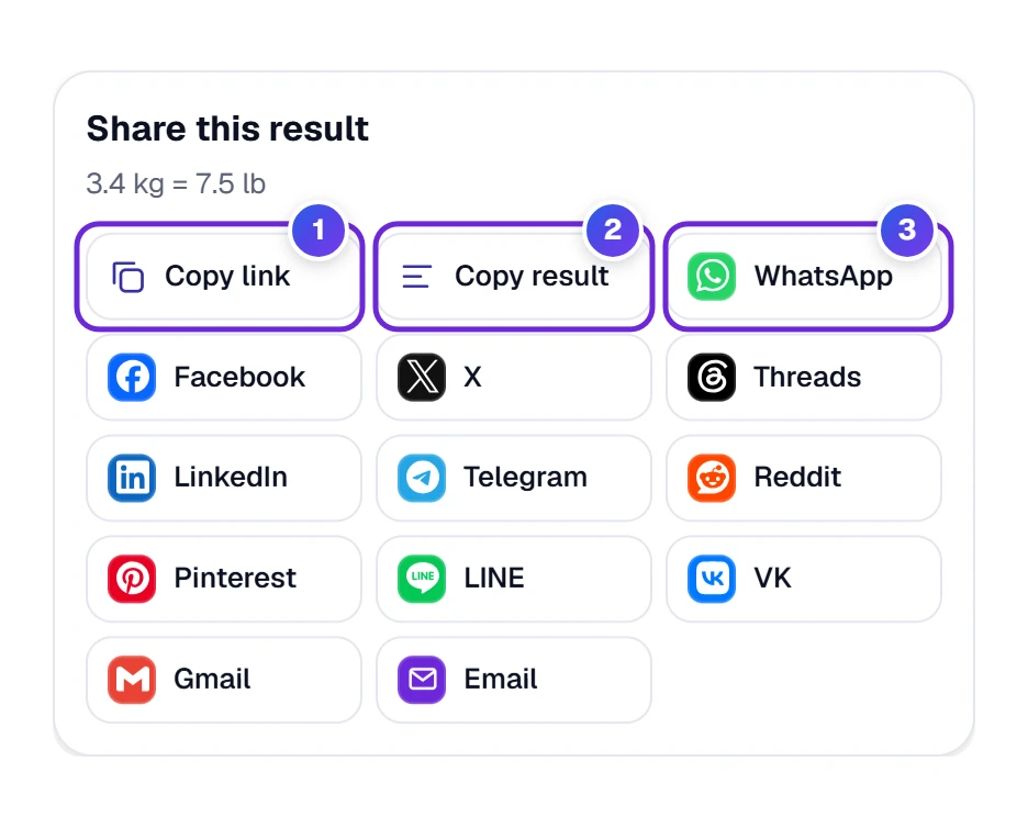The Share window for a result: Copy link, Copy result and the sharing apps