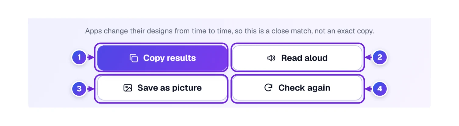 Under the answer: Copy results, Read aloud, Save as picture and Check again
