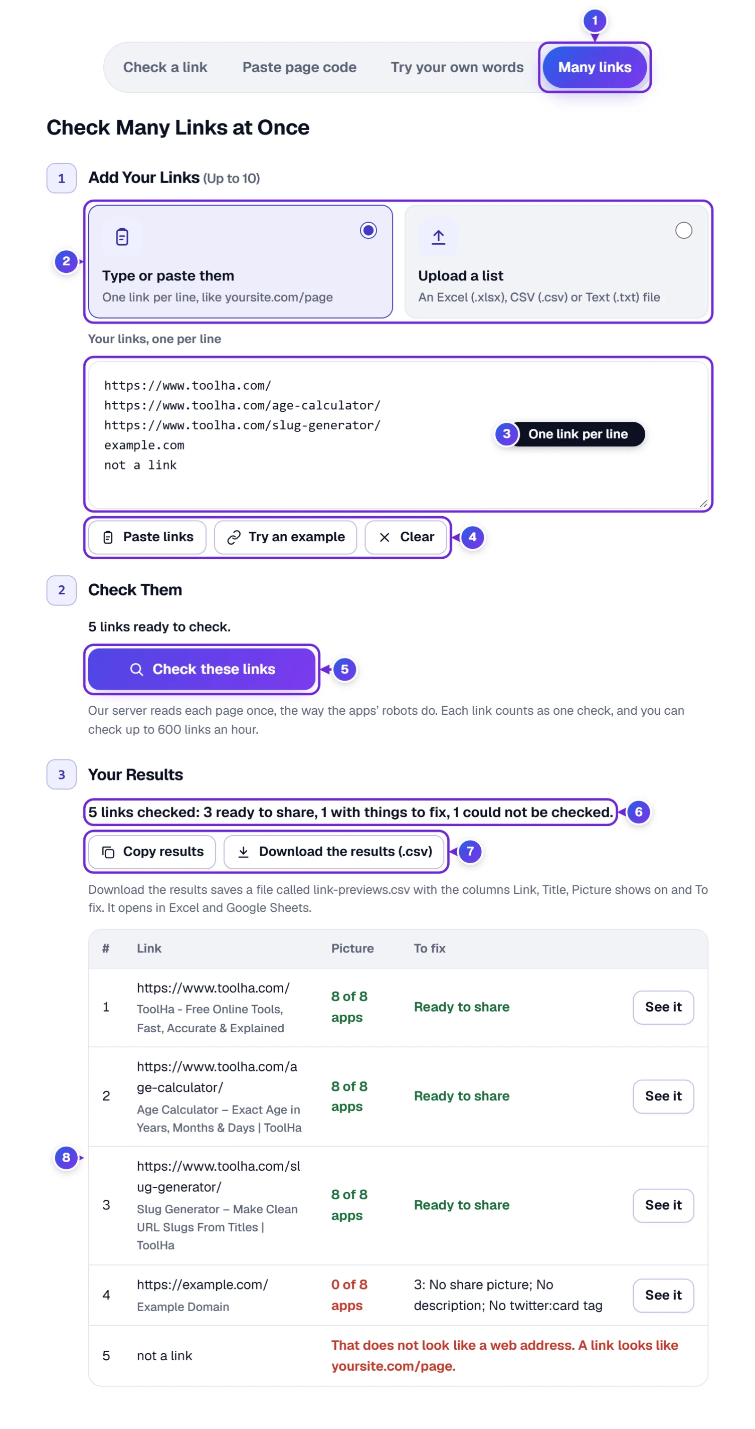 Many links in three steps: two ways to add links, the list and its buttons, Check these links and the results table