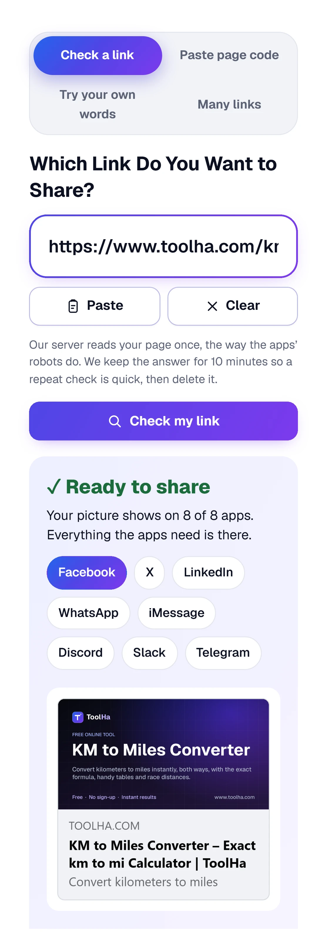 The Link Preview Checker on a phone: the tabs, the link box and the answer with a Facebook preview