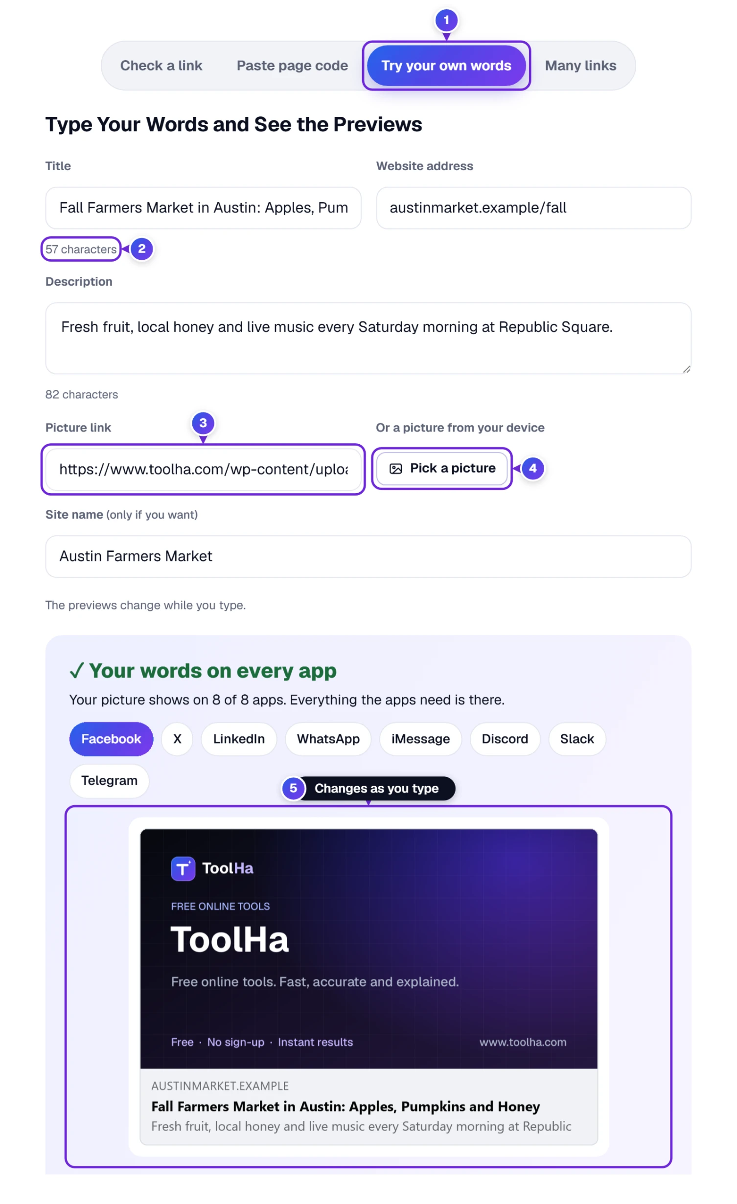 Try your own words: title, website address, description and picture link typed in, with a live preview