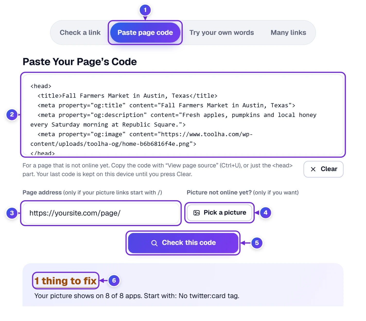 The Paste page code tab with the head code of a farmers market page, Page address, Pick a picture and Check this code