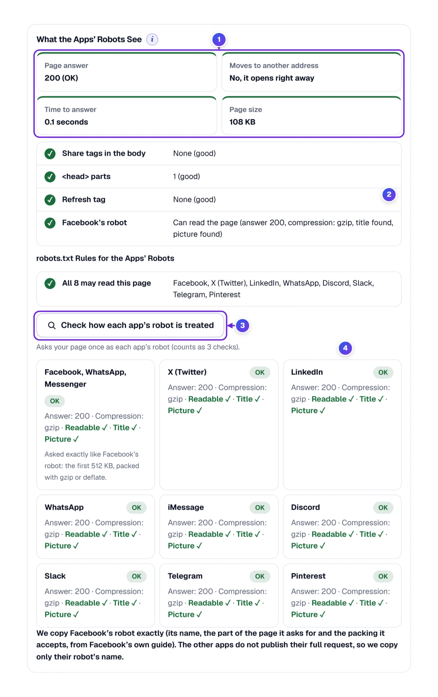 What the apps’ robots see: four green tiles, a checklist with Facebook’s robot, and the robot test result for each app
