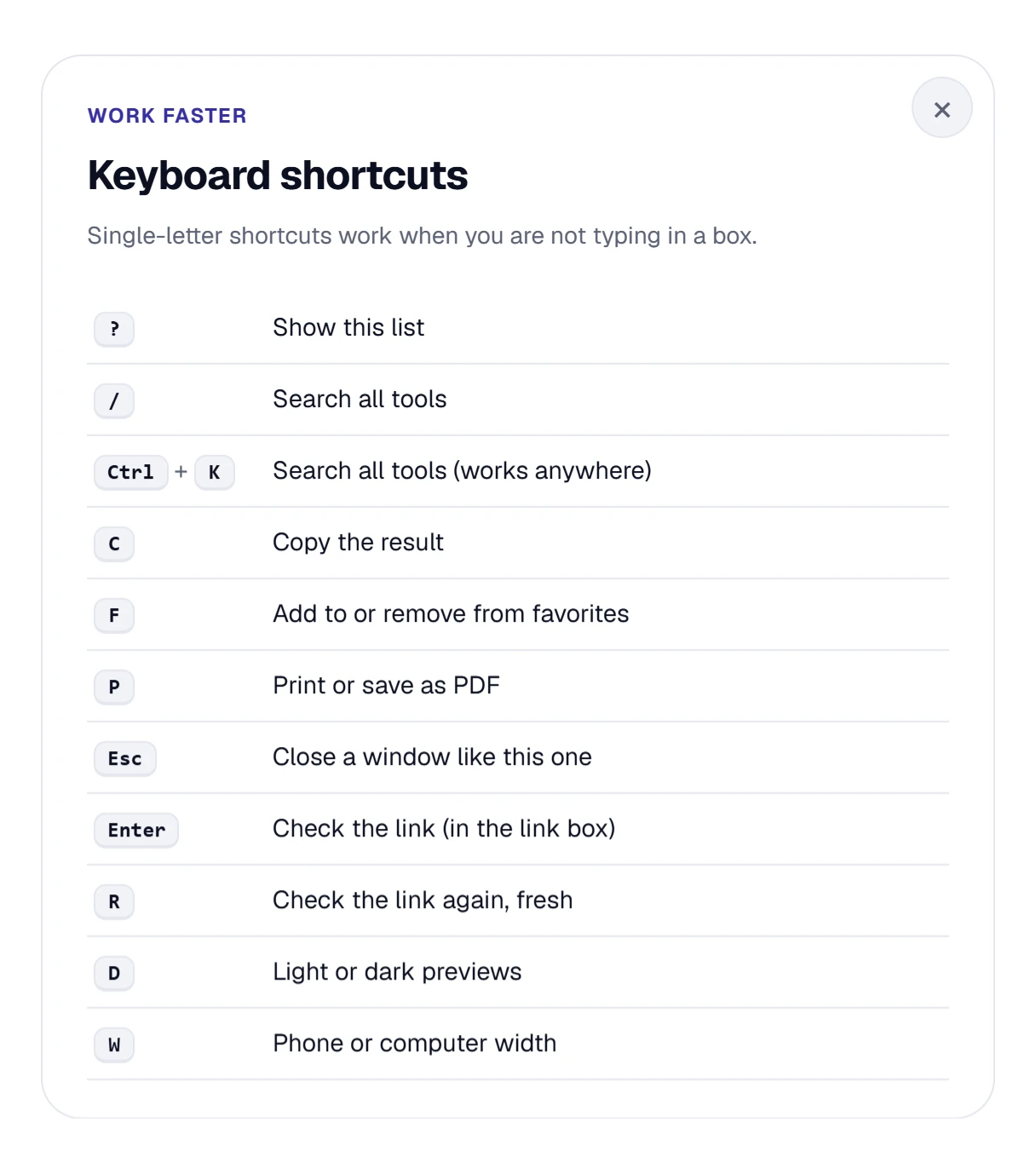 Keyboard shortcuts of the Link Preview Checker: Enter, R to check again, D for dark previews, W for the width