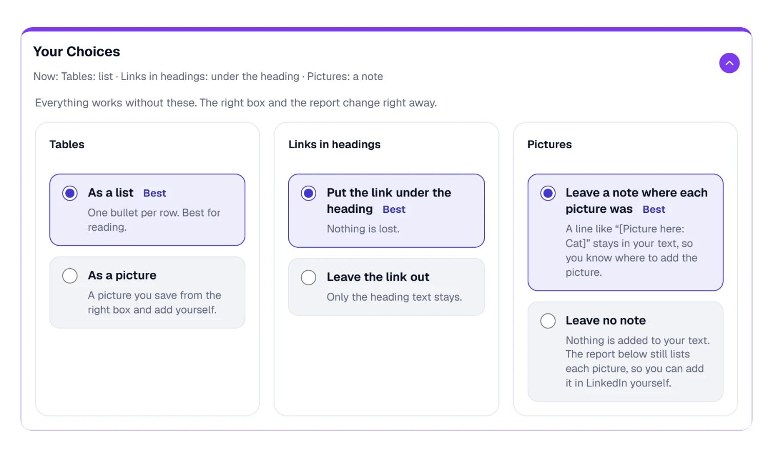 Your Choices open, showing three groups: Tables, Links in headings and Pictures, each with two options