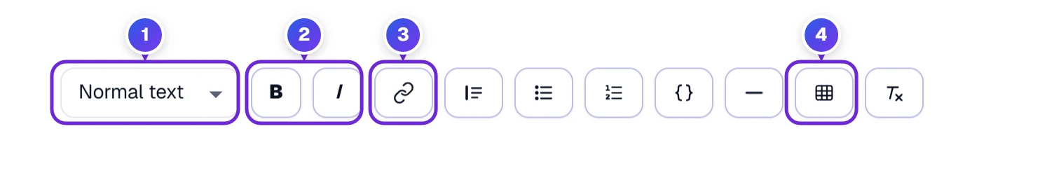 The row of small buttons above Your Text: line kind, bold, italic, link, quote, lists, code, dividing line and table