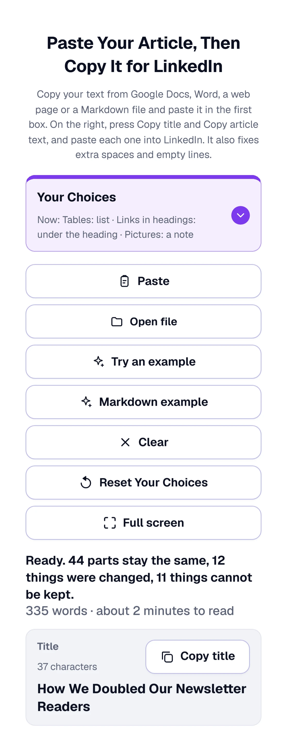 The formatter on a phone: buttons in one column, Your Choices folded, the summary line and the title card
