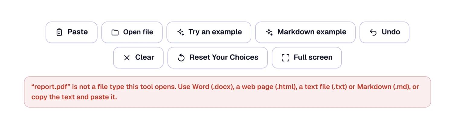 The message shown when a PDF is dropped in: only Word, web page, text and Markdown files are opened