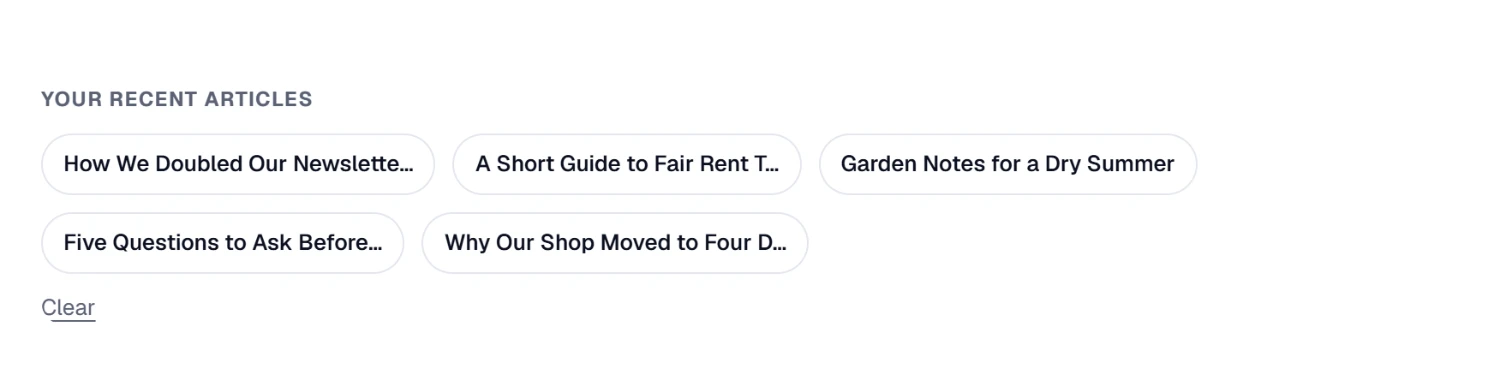 Recent articles under the boxes: small buttons that bring back a saved article, and a Clear link