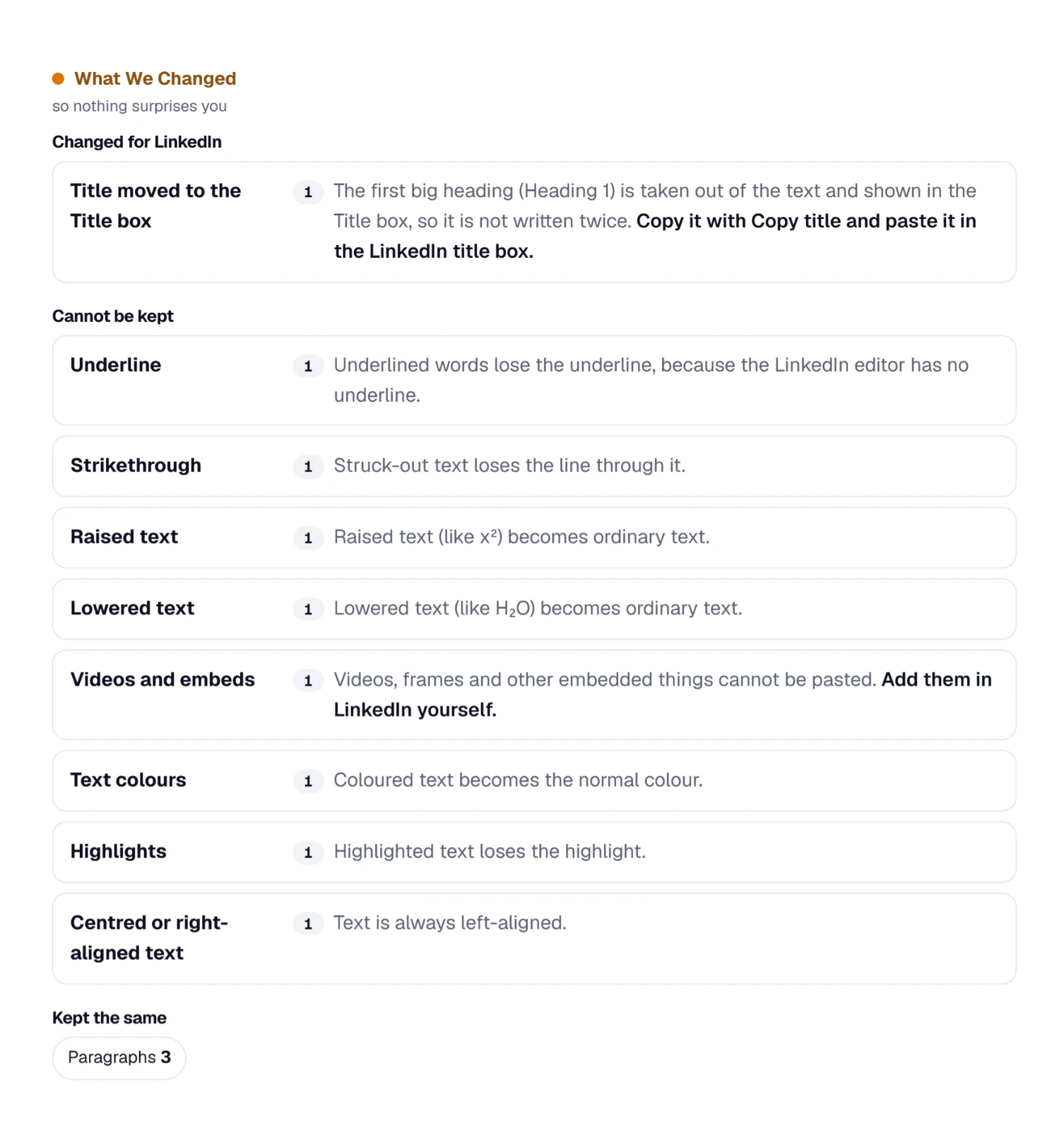 The report after a Word-style paste, with the Cannot be kept list naming eight kinds of decoration