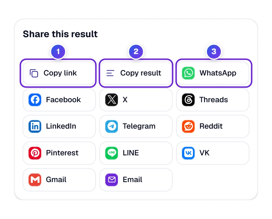 The Share window with Copy link, Copy result and a grid of apps for sending the page