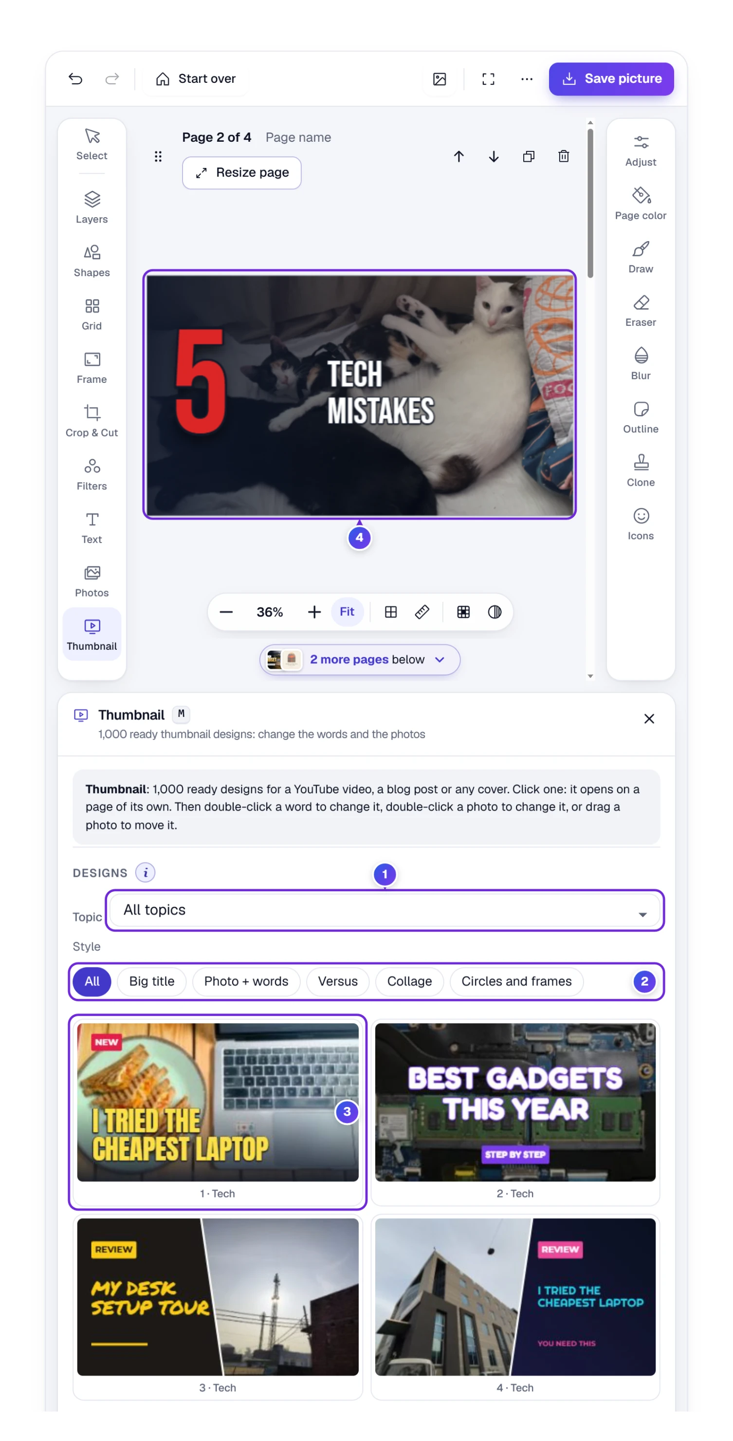 The Thumbnail panel with topics, styles and ready designs, and a Tech design with a big 5 opened on its own page