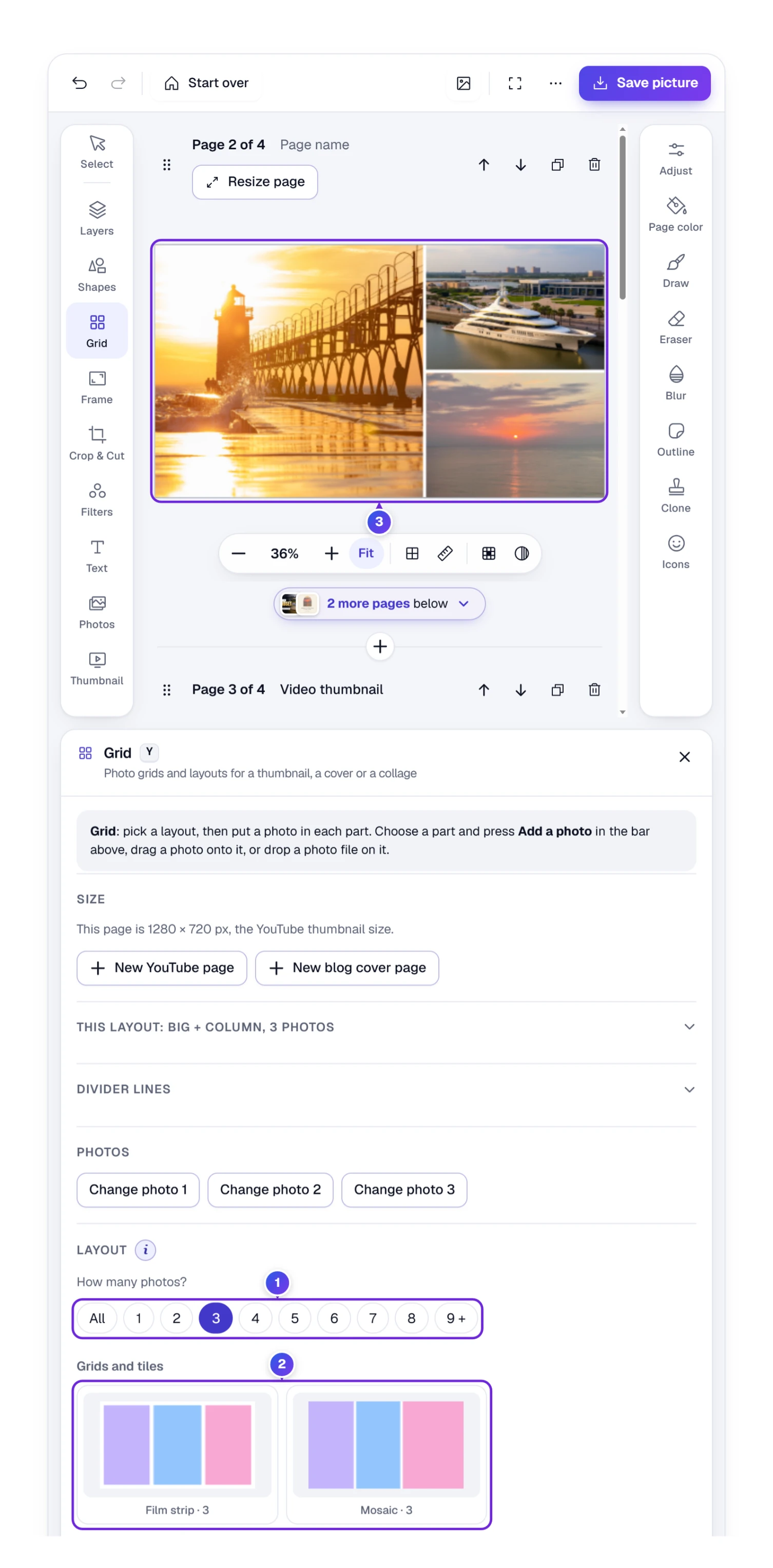 Grid on a new YouTube page: How many photos set to 3, the layouts for three photos and three photos in their parts